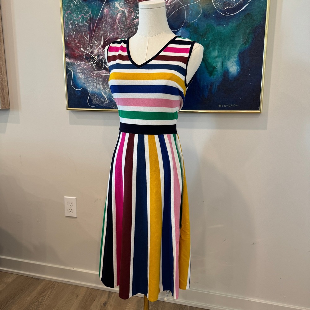 Boden Gracie Stripped Knit Multi Color Fit and Flare V-Neck Midi Dress US 6 - Picture 3 of 10